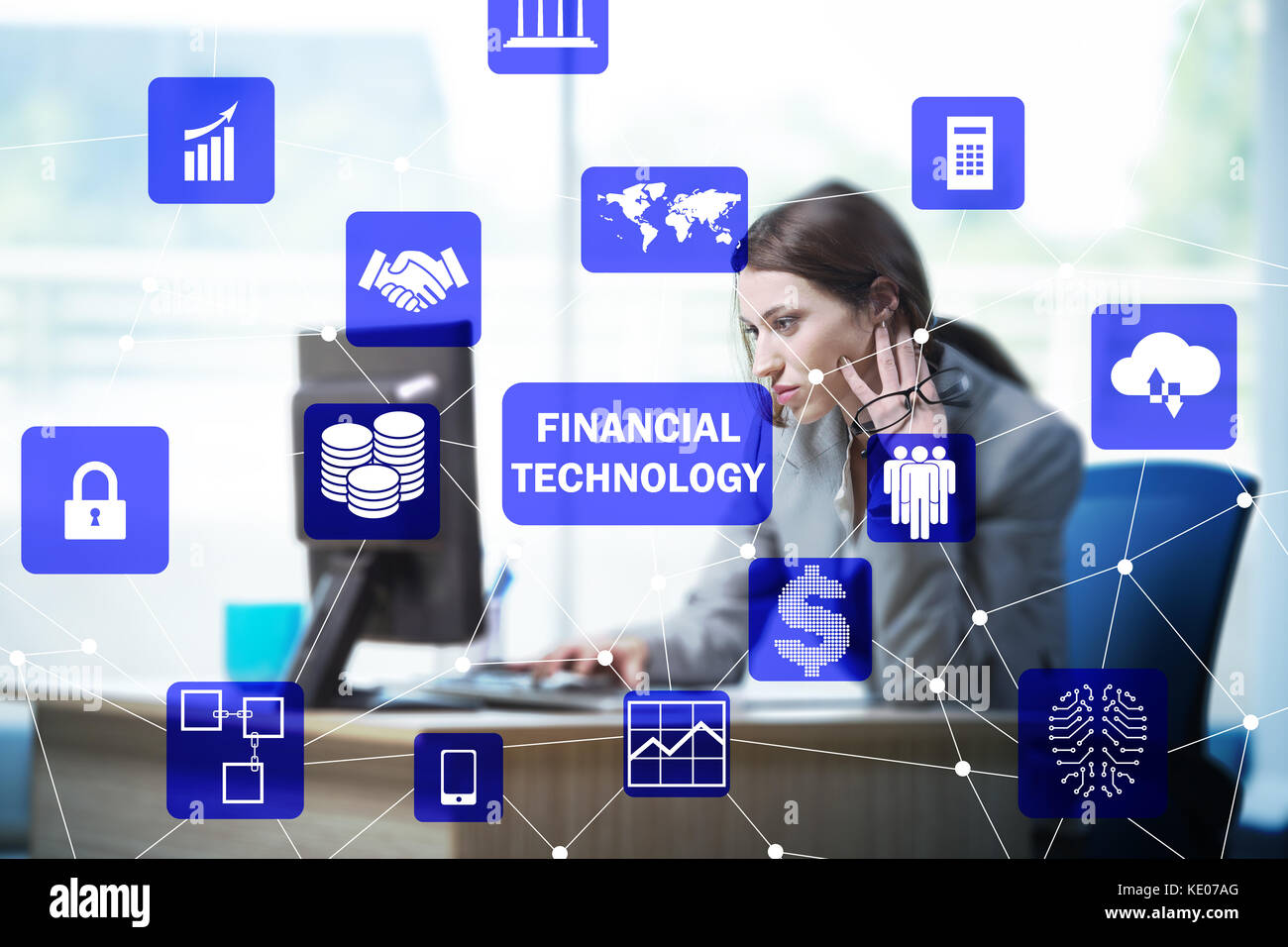 Businesswoman with computer in financial technology fintech concept ...