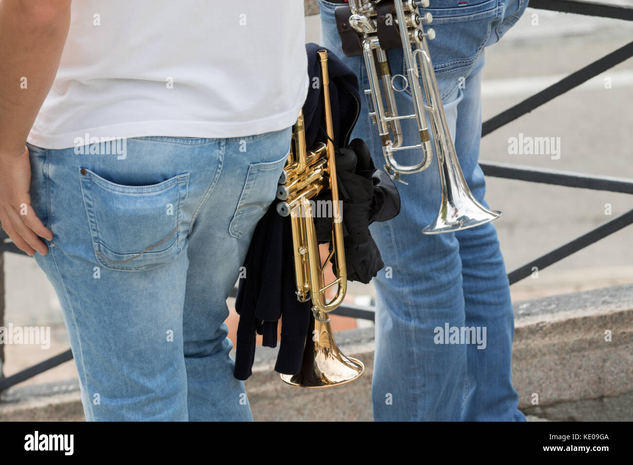 Asti, Italy September 10, 2017 A couple of trumpets in the hands of