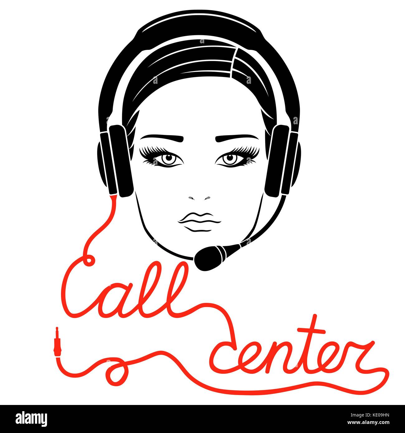 Girl in headphones with microphone and with red cable as a inscription, call center concept vector outline Stock Vector