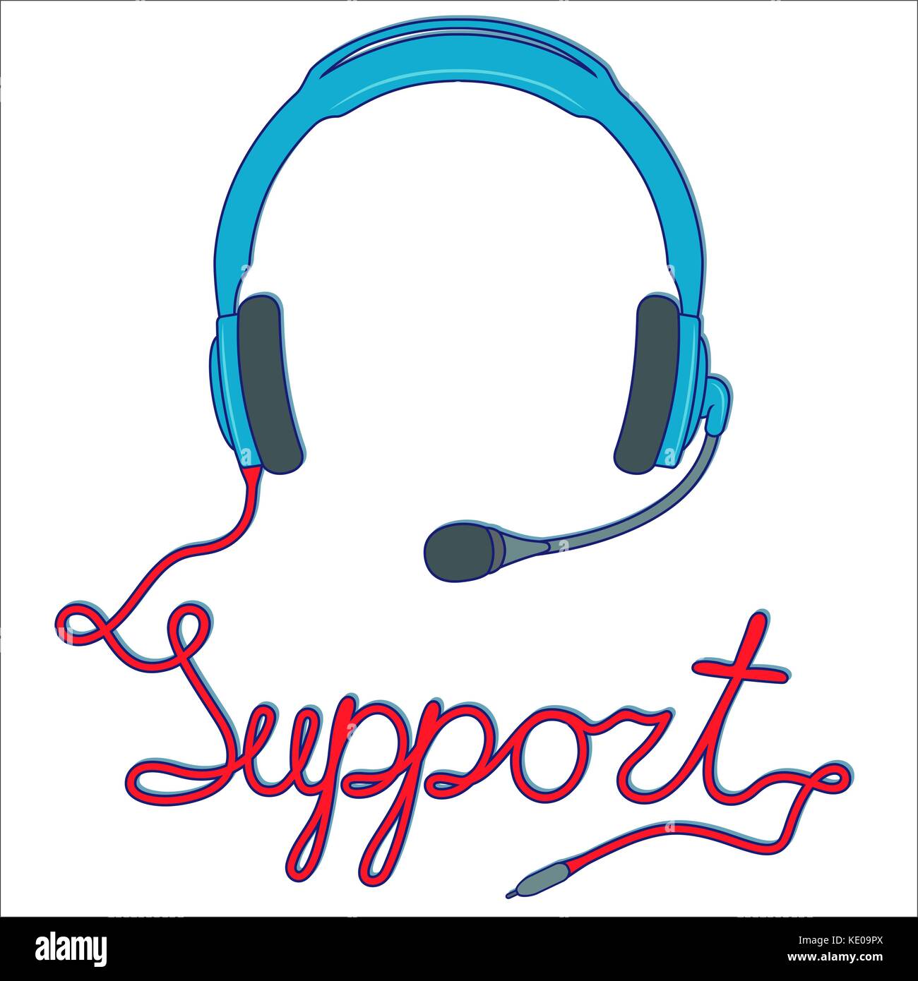 Blue headphones with microphone and with red cable as a inscription, online support service concept, vector illustration isolated on the white backgro Stock Vector