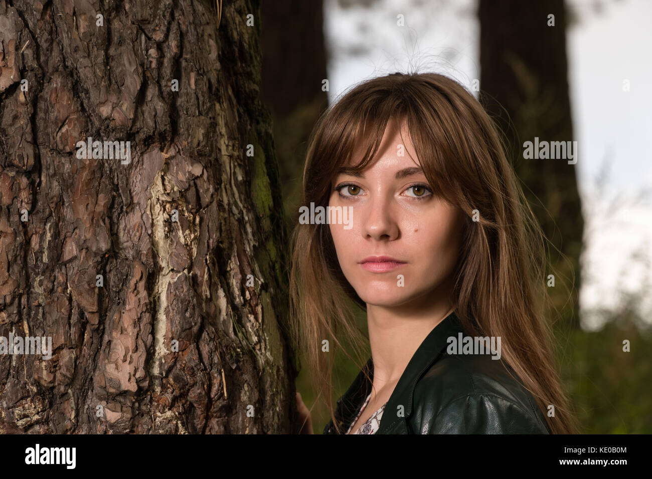 fashion photo of young beautiful woman posing in forest near big tree ...