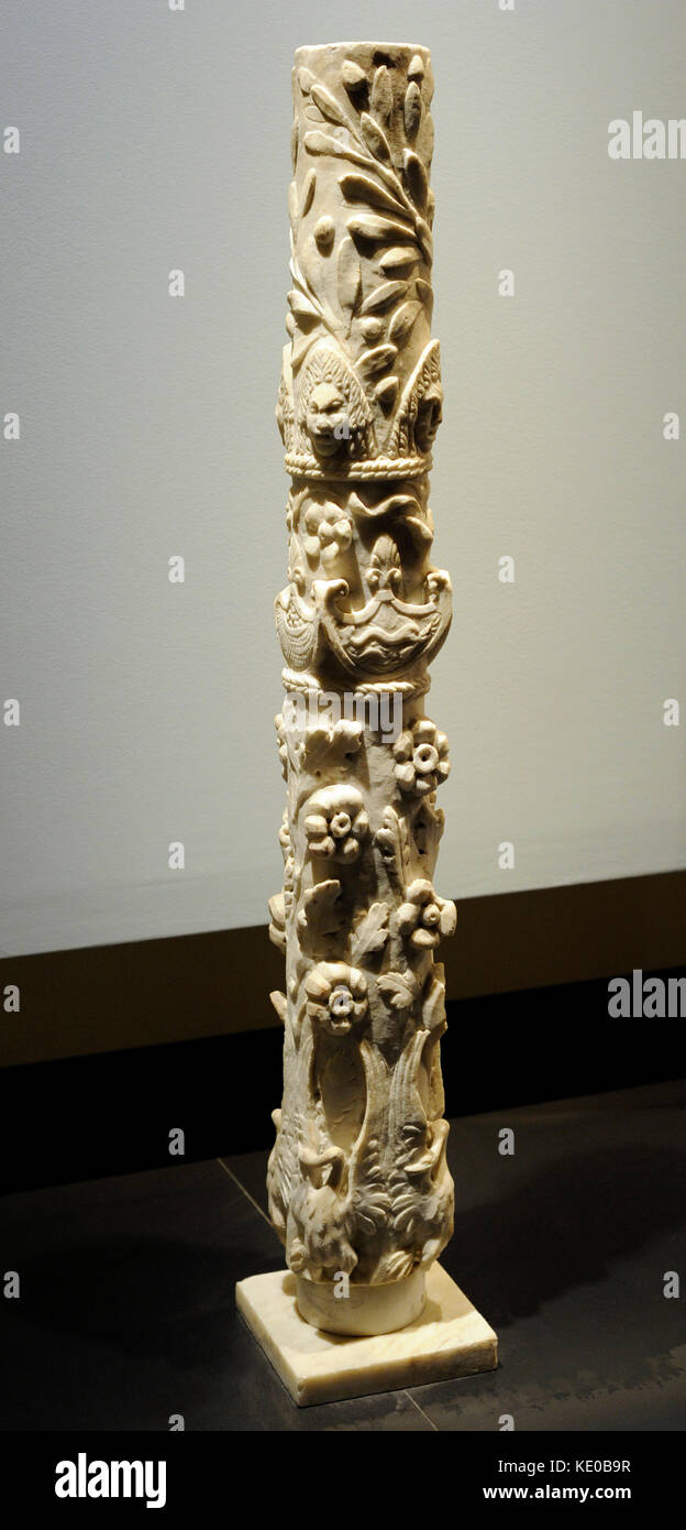Column with flowering branches, swans with deployed wings, dolphins, baskets of fruit, theater masks and olive branches. Roman. 1st century. From Pompeii. National Archaeological Museum. Naples. Italy. Stock Photo