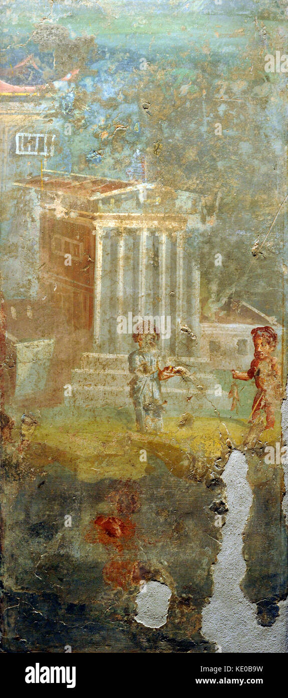 Roman fresco depicting a Nilotic scene with pygmies taking offerings to a temple on the bank of a river. Second half of the 1st century AD. House of Julia Felix II, 4, 3. Nymphaeum. From Pompeii. National Archaeological Museum. Naples. Italy. Stock Photo