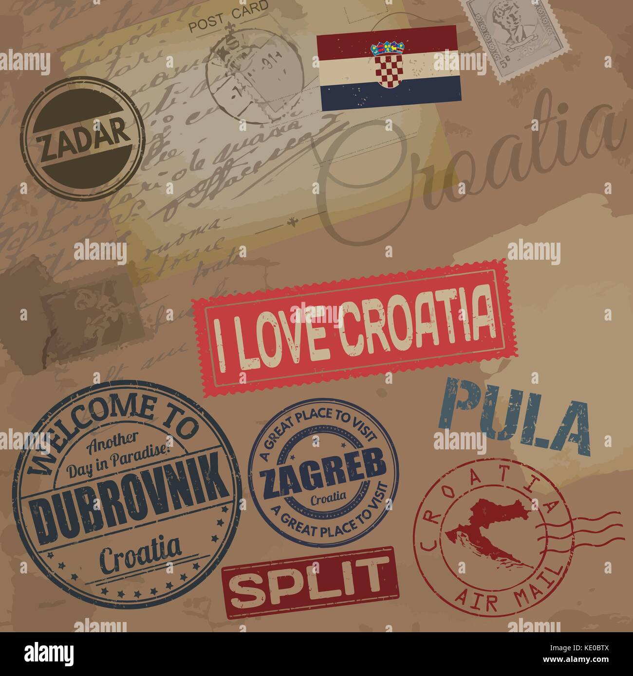 Croatia travel stamps on retro background with old post cards and letters, vector illustration Stock Vector