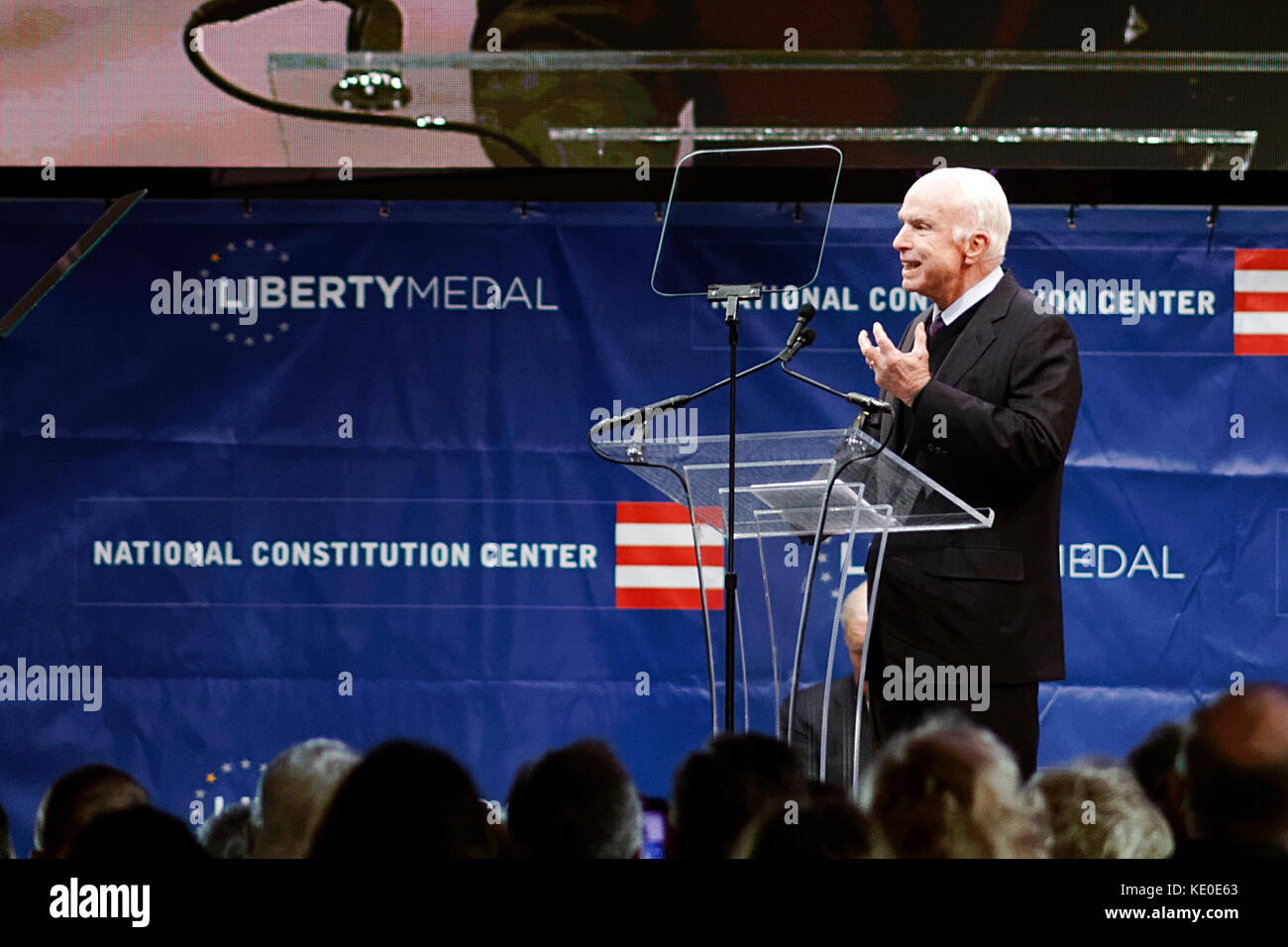 Philadelphia, United States. 16th Oct, 2017. US Senator John McCain (R-AZ) receives the 2017 Liberty Medal out of hands of former VP Joe Biden, during October 16, 2017 a ceremony at the Constitution Center, in Philadelphia, PA. In his speech McCain warns against 'Spurious Nationalism'. Credit: Bastiaan Slabbers/Alamy Live News Stock Photo