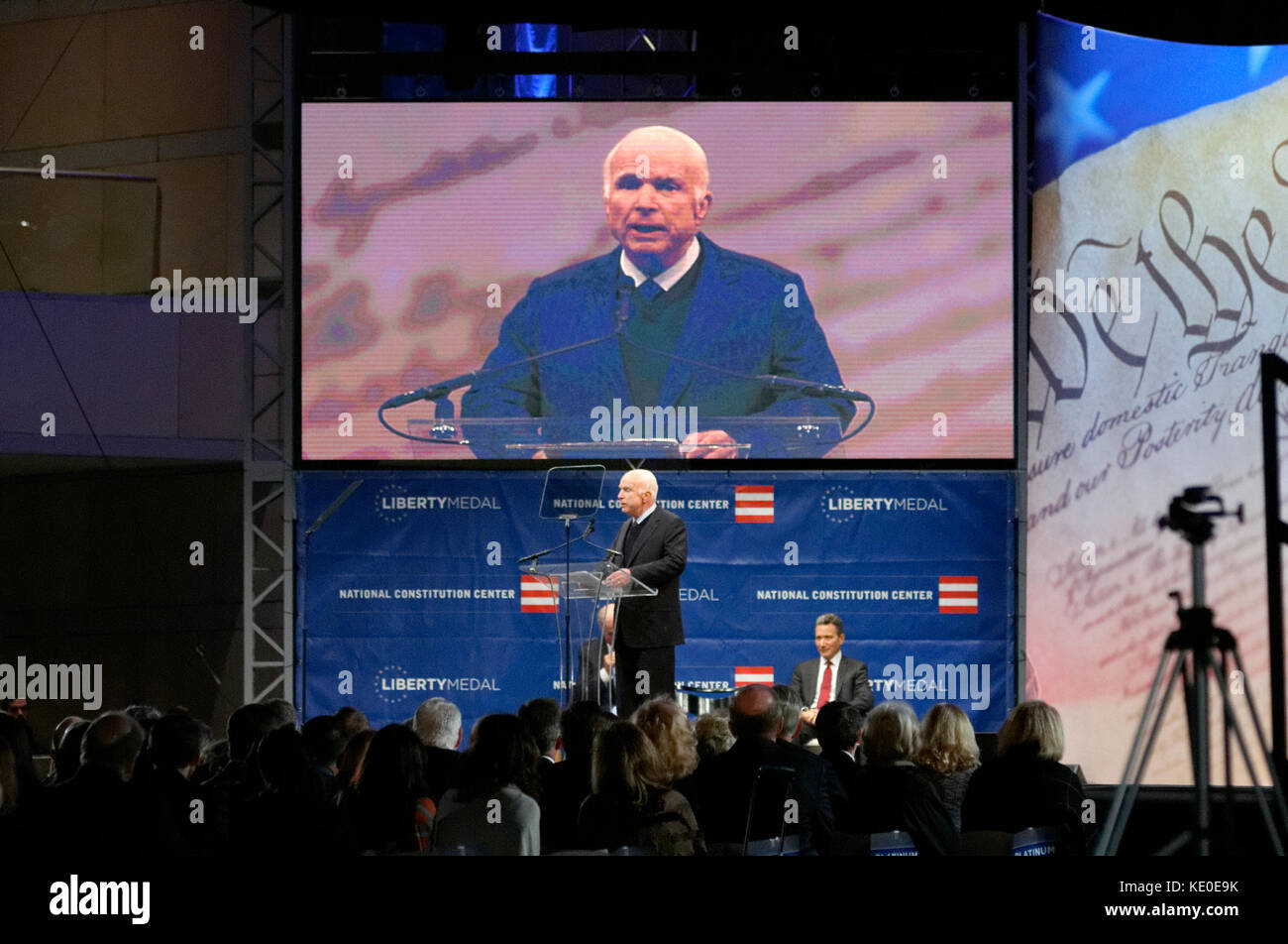 Philadelphia, United States. 16th Oct, 2017. US Senator John McCain (R-AZ) receives the 2017 Liberty Medal out of hands of former VP Joe Biden, during October 16, 2017 a ceremony at the Constitution Center, in Philadelphia, PA. In his speech McCain warns against Spurious Nationalism. Credit: Bastiaan Slabbers/Alamy Live News Stock Photo