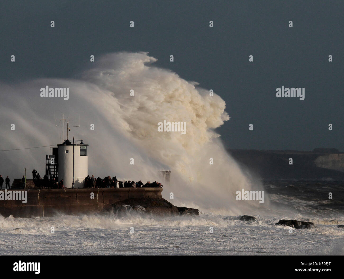 Storm Ophelia hitting the south wales coast at Porthcawl. South Wales Stock Photo