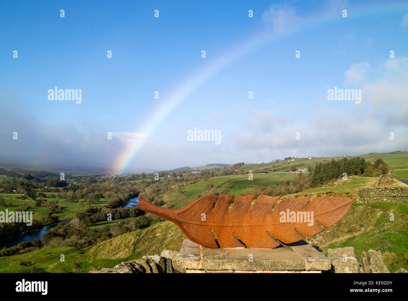 Middleton-in-Teesdale, County Durham, UK. 17th October 2017. UK Weather. Rain showers driven on by strong winds created some beautiful rainbows as the remnants of hurricane Ophelia passed over Teesdale in County Durham this morning. Credit: David Forster/Alamy Live News Stock Photo
