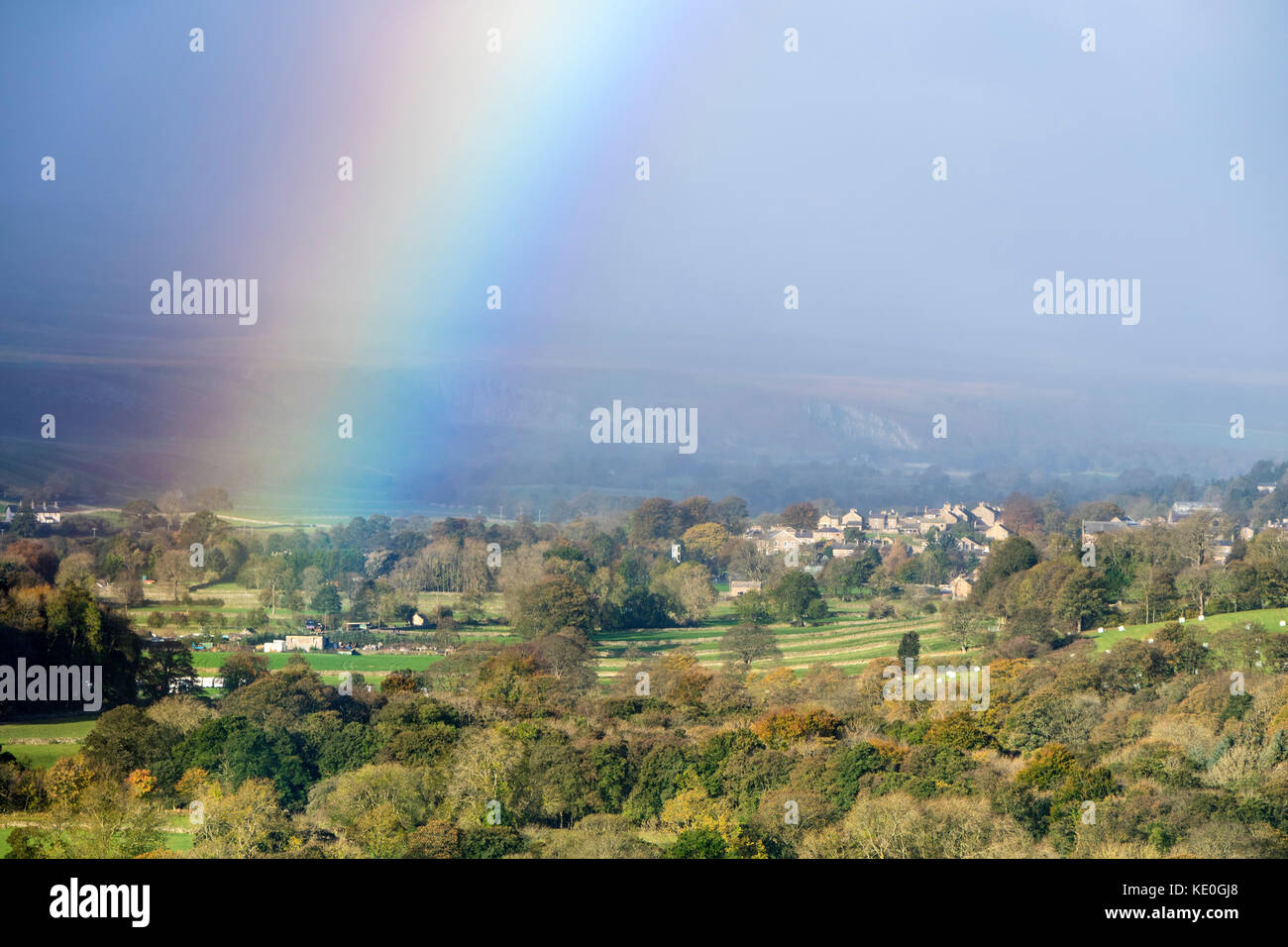 Middleton-in-Teesdale, County Durham, UK. 17th October 2017. UK Weather. Rain showers driven on by strong winds created some beautiful rainbows as the remnants of hurricane Ophelia passed over Teesdale in County Durham this morning. Credit: David Forster/Alamy Live News Stock Photo