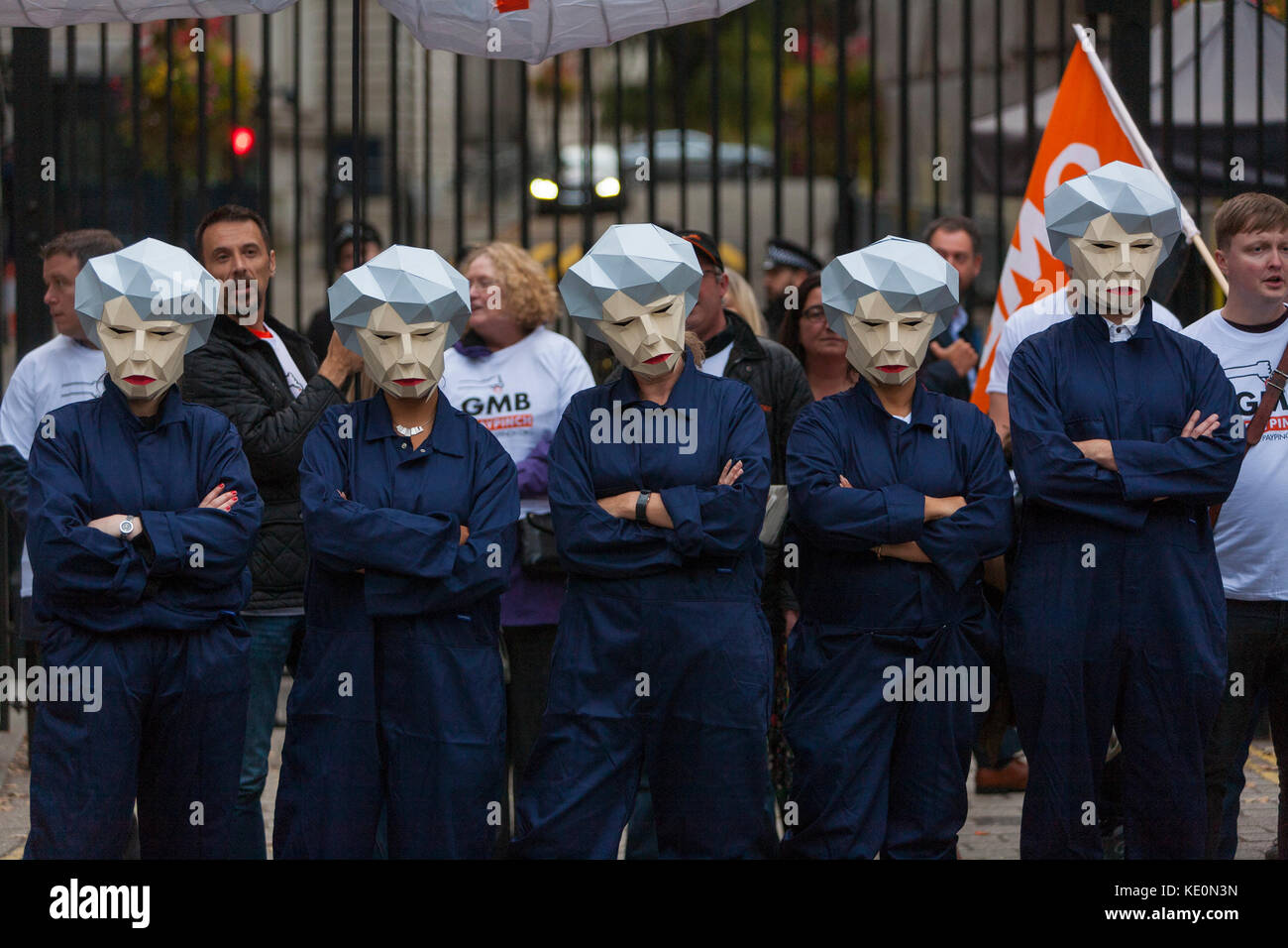Fair Pay for Public Servants Protest : Whitehall, London UK 17 October, 2017.  The Trades Union Congress (TUC), union members and supporters use 'Maybot' figures in a protest outside Downing Street to demand an end to restrictions on public sector pay and urge the government to act quickly to insure that their members get the pay rise they deserve. Credit: Steve Parkins/Alamy Live News Stock Photo