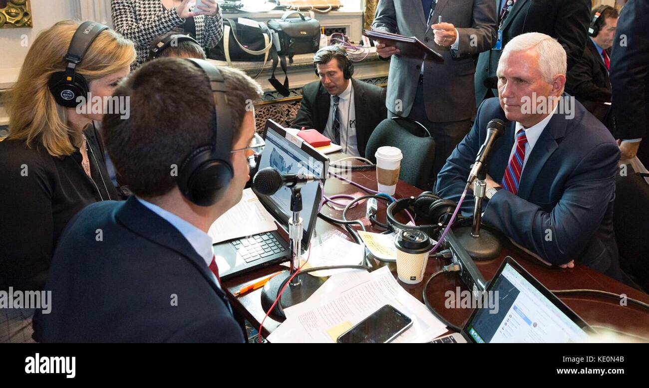 Washington, United States Of America. 17th Oct, 2017. U.S. Vice President Mike Pence speaks with conservative radio talkshow hosts as the White House hosts a talk radio row in the Old Executive Office Building October 17, 2017 in Washington, DC. The Trump administration is hoping to appeal directly to his grassroots through conservative talk radio to push for his tax reform program. Credit: Planetpix/Alamy Live News Stock Photo
