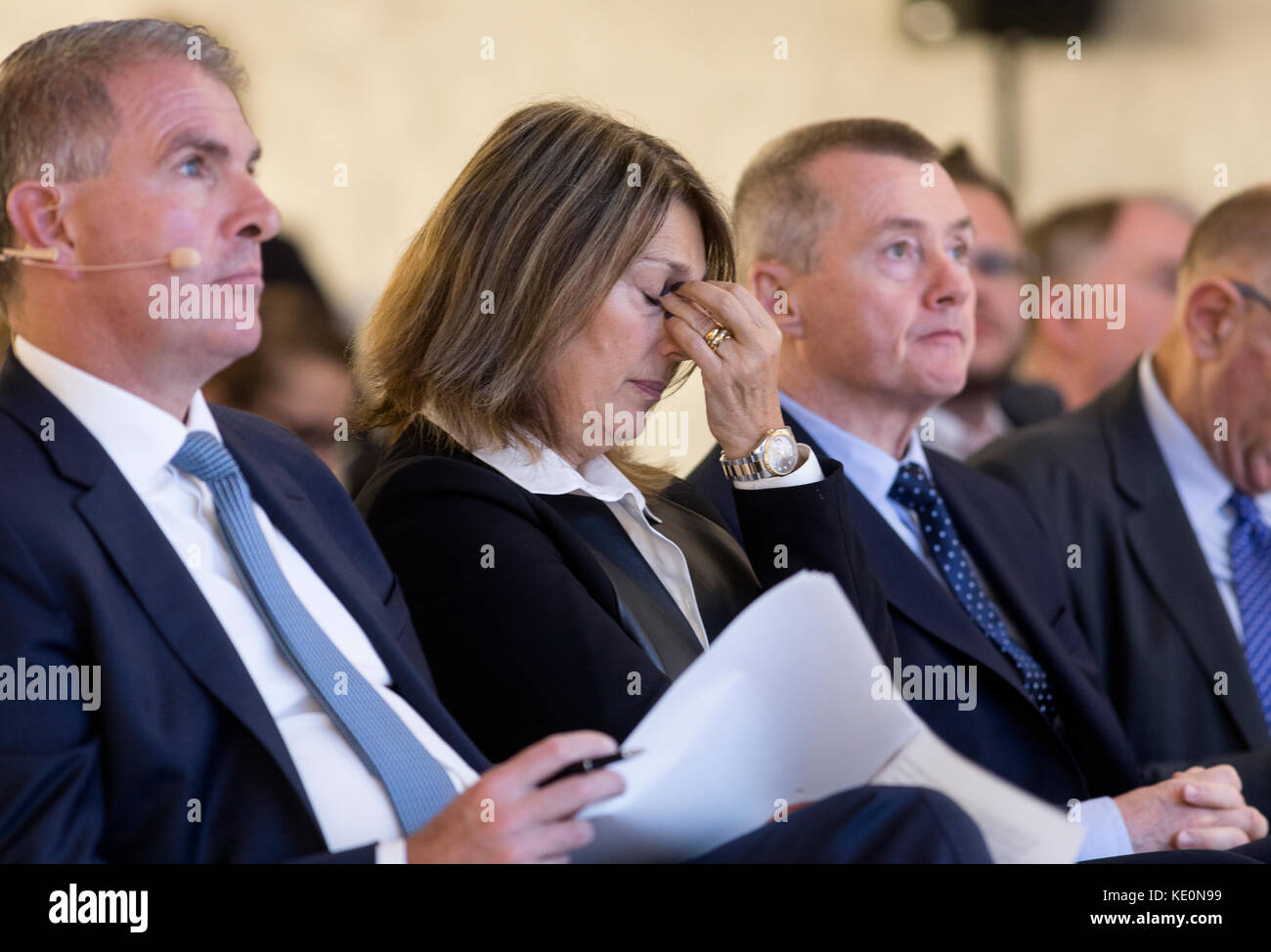 October 17, 2017 - Brussels, Belgium: CEO Lufthansa & Chair A4E Carsten Spohr (L), Chief Executive designate of ITV. Dame Carolyn Julia McCall DBE (C) and the CEO of International Airlines Group Willie Walsh (R) are listening during a forum: 'Efficient air transport for Europeans' in the Square, Brussels Meeting Centre. - NO WIRE SERVICE - Photo: Thierry Monasse/dpa - NO WIRE SERVICE - Photo: Thierry Monasse/dpa Stock Photo