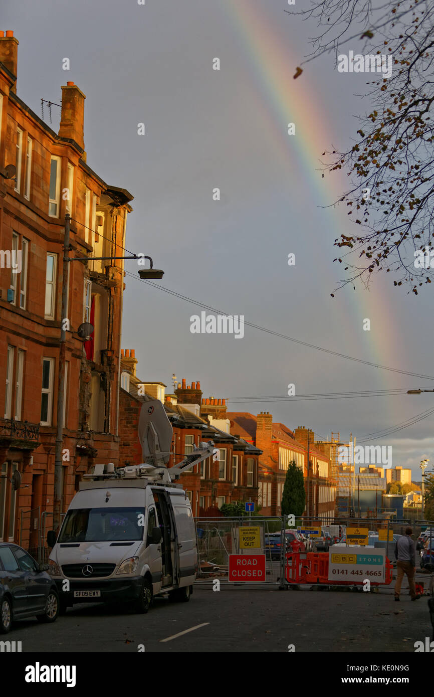 Glasgow, Scotland, UK.17th October. UK Weather,  After Hurricane Ophelia hit the city an unoccupied Tenement in Crosshill collapsed as Storm battered Scotland with rainbow. Credit: gerard ferry/Alamy Live News Stock Photo