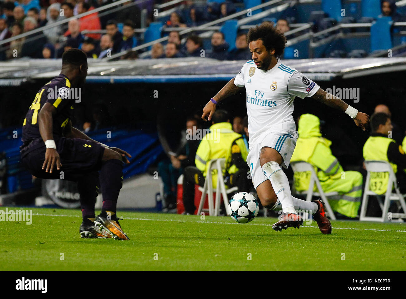Madrid, Spain. 17th October, 2017. Marcelo Viera da Silva (12) Real Madrid's player. Serge Aurier (24) Tottenham Hotspur F.C.'s player. UCL Champions League between Real Madrid vs Tottenham Hotspur F.C. at the Santiago Bernabeu stadium in Madrid, Spain, October 17, 2017 . Credit: Gtres Información más Comuniación on line, S.L./Alamy Live News Stock Photo
