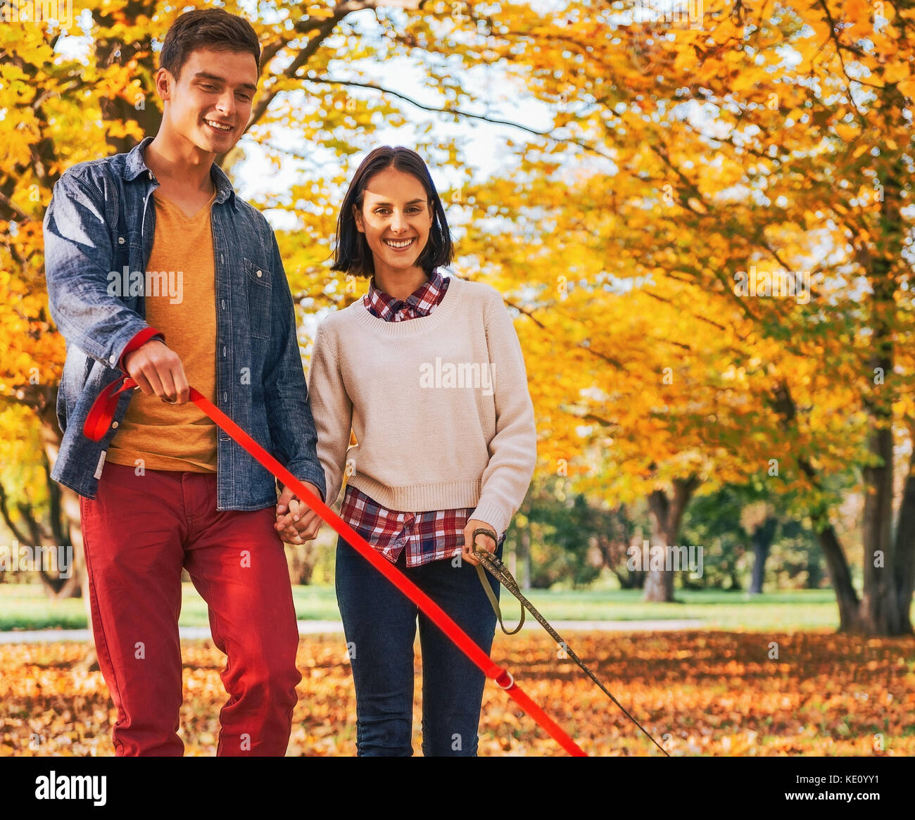 Happy young couple walking outdoors in autumn park with dogs Stock ...