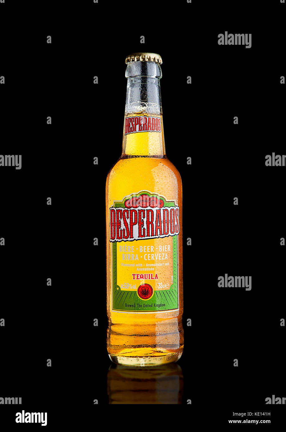 LONDON, UK - DECEMBER 15, 2016: Bottle of Desperados beer, lager flavored with tequila is a popular beer produced by Heineken and sold in over 50 coun Stock Photo
