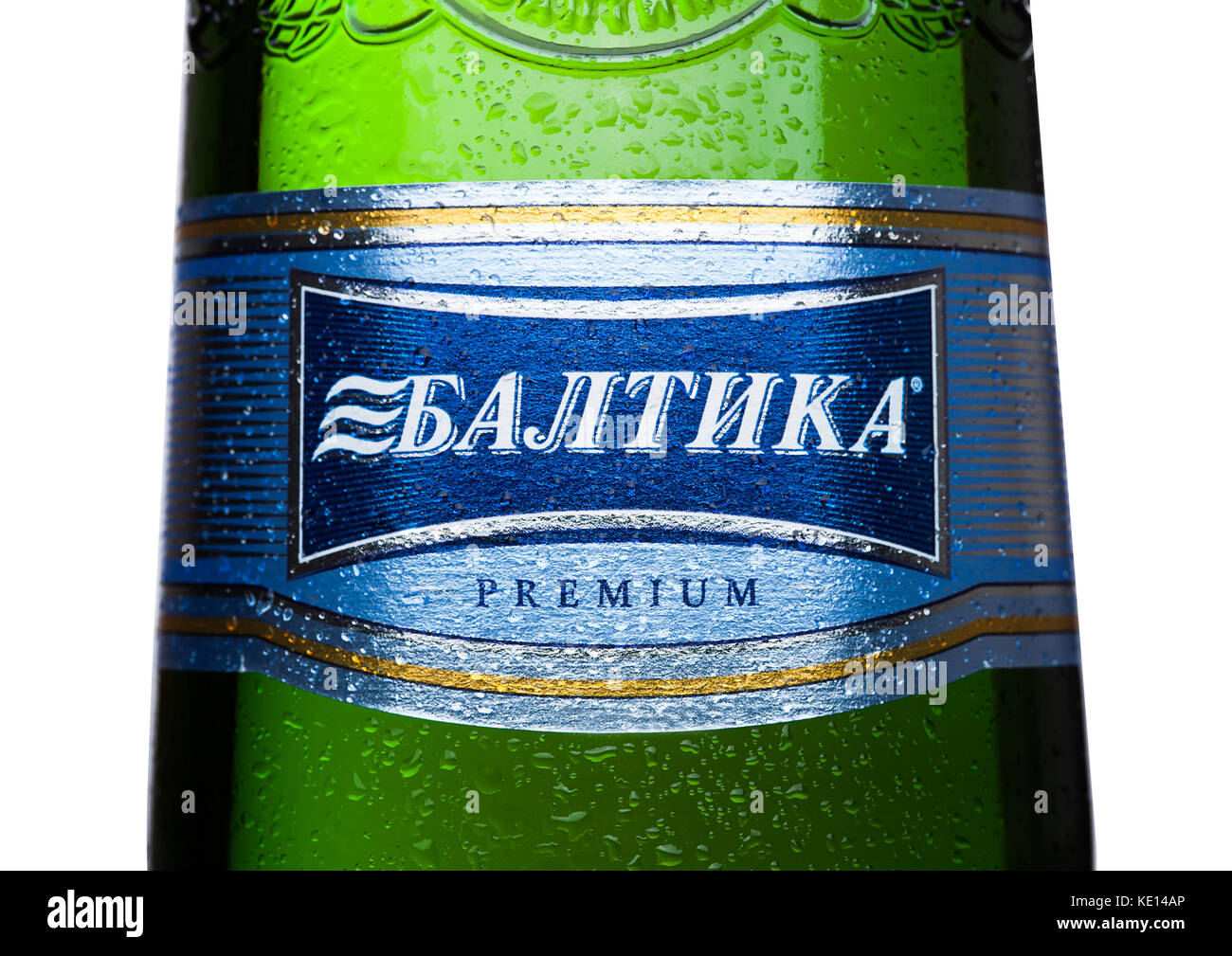 LONDON, UK - MAY 15, 2017: Bottle label of Baltika Lager beer number Seven premium on white background. Baltika is the second largest brewing company  Stock Photo