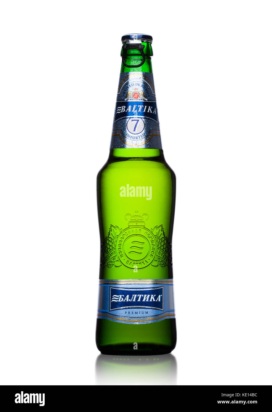 LONDON, UK - MAY 15, 2017: A bottle of Baltika Lager beer number Seven premium on white background. Baltika is the second largest brewing company in R Stock Photo
