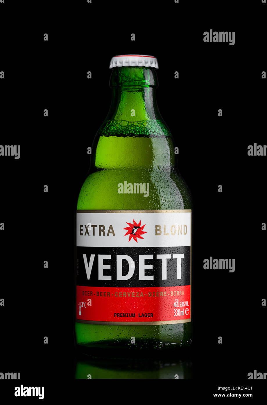 LONDON, UK - APRIL 12, 2017: Bottle of Belgian Vedett Extra White beer on a black background. Stock Photo