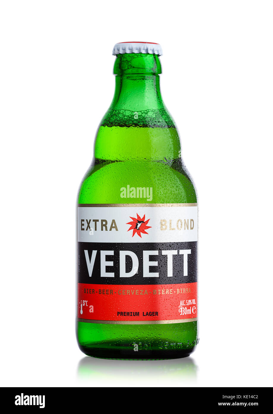 LONDON, UK - APRIL 12, 2017: Bottle of Belgian Vedett Extra White beer on a white background. Stock Photo