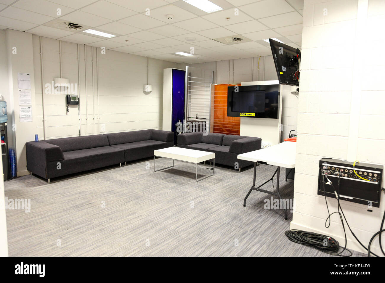 The 'green room' Inside the BBC TV sport studios at Media City UK in Salford and Trafford, Greater Manchester, England UK Stock Photo