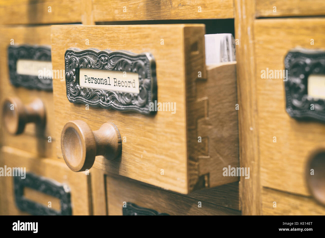 The Archives Card Catalog , old wooden file catalog box, index , database, archive and library concept. Stock Photo