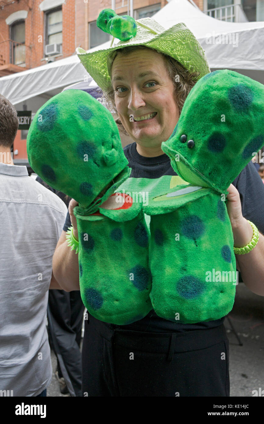 A portrait of Elizabeth Pasieczny of Pickleman Productions at the annual Pickle Day celebration on Orchard Street on the Lower East Side of Manhattan. Stock Photo
