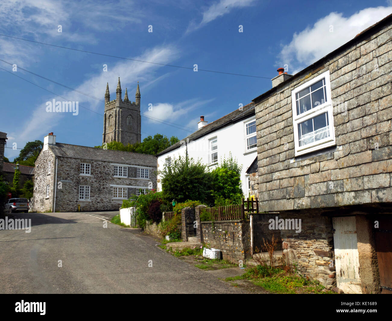 The Church Tower Of St Torney And Pretty Slate Hung Cottages At