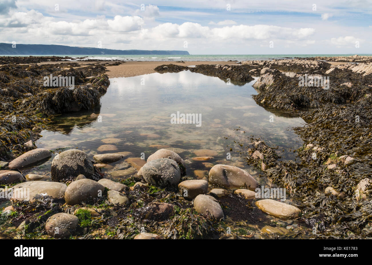 Rock Pool View: Colourful detail of a Rock Pool at Low Tide with Distant View of Clovelly and Hartland Point. Babbacombe Cliffs, Near Bucks Mills. Bid Stock Photo