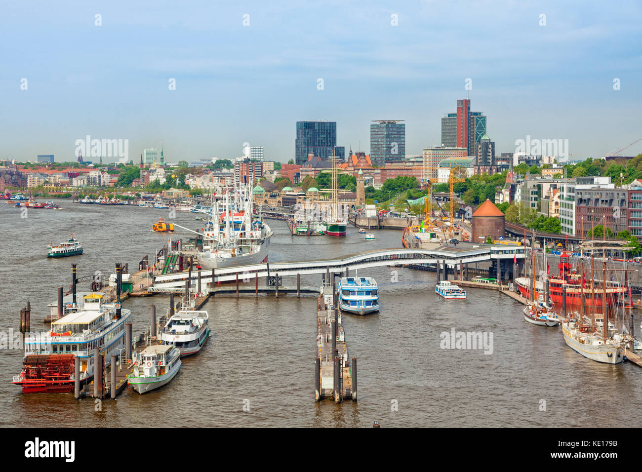 St Pauli piers and Elbe river at Hamburg Stock Photo