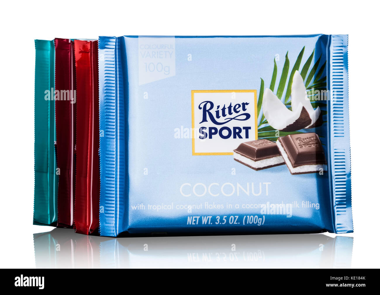 LONDON, UK MAY 15, 2017 Ritter Sport milk chocolate bars with
