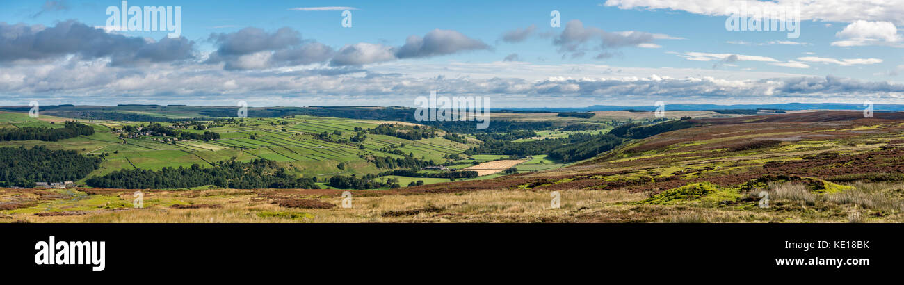 Stitched panorama of Lower Swaledale in the Yorkshire Dales. View from moors above Grinton towards Richmond. Stock Photo