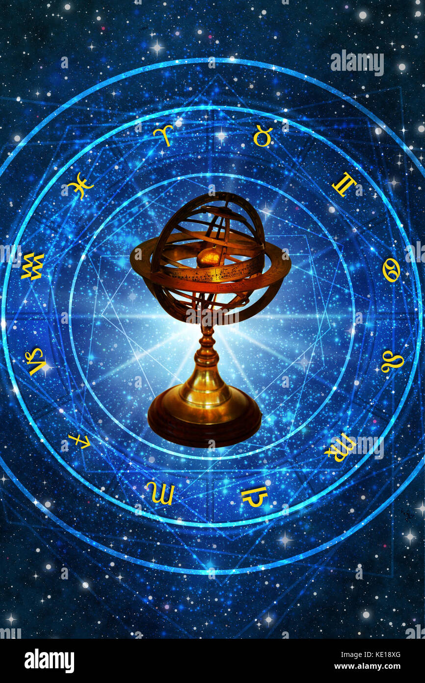 Orrery in the form of Renaissance Ptolemaic armillary sphere and astrology wheel Stock Photo