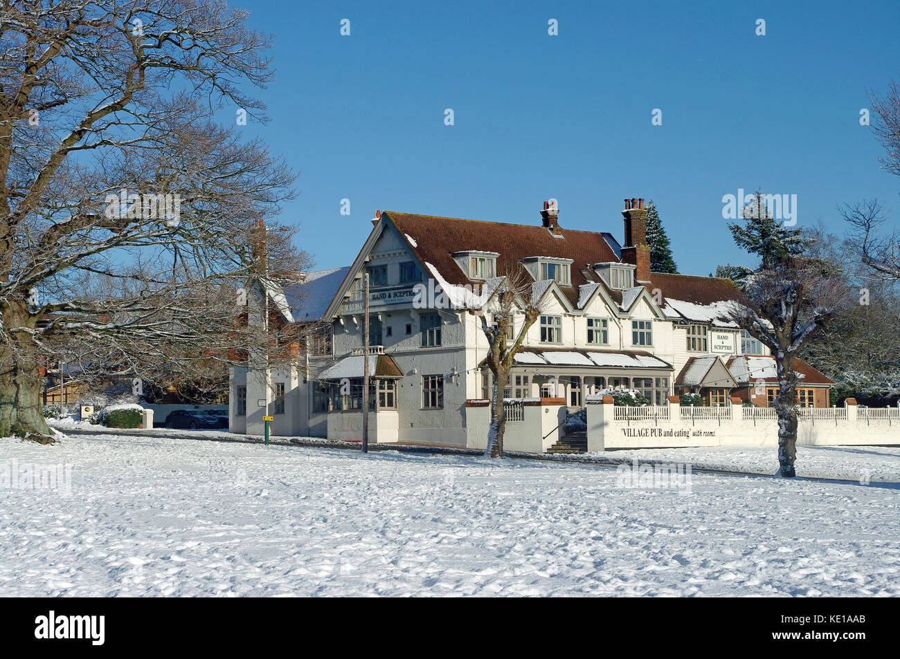 Hand and Sceptre Public House, Southborough,Kent in snow Stock Photo