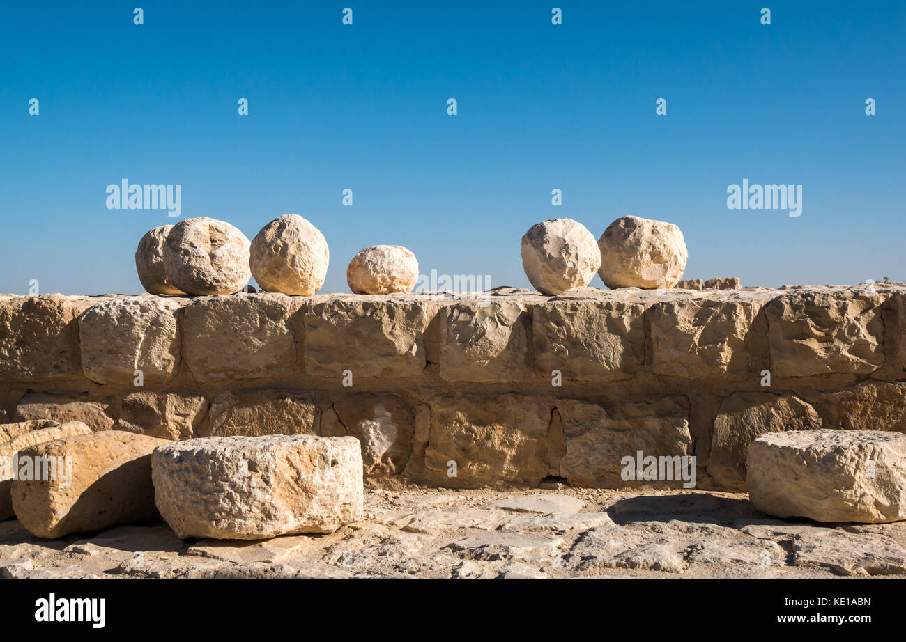 Close up of stone catapult balls at Montreal or Shoubak Castle, 12th century crusader fort, Kings Highway, Jordan, Middle East Stock Photo