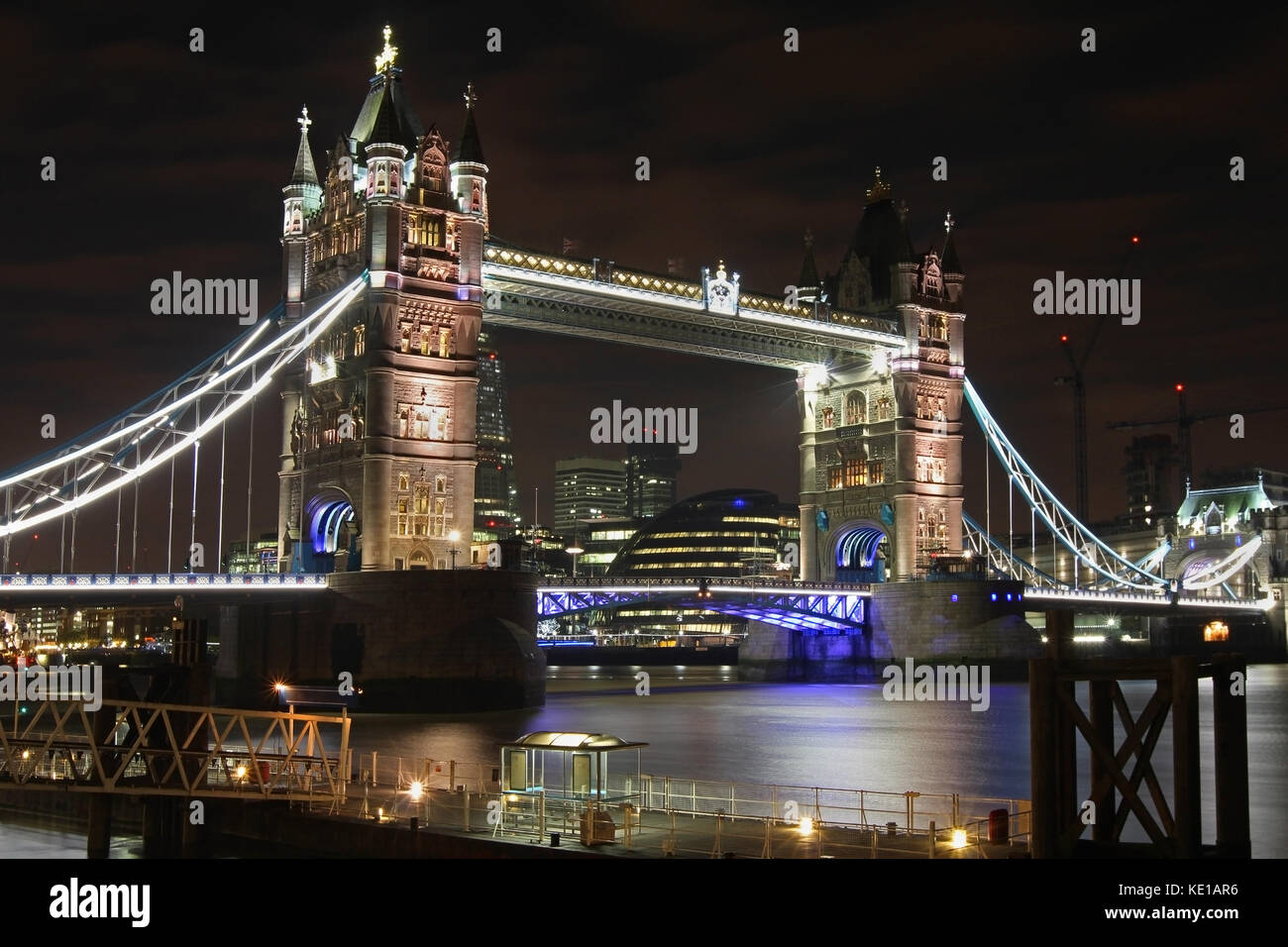 Famous London landmark Tower Bridge during night Stock Photo