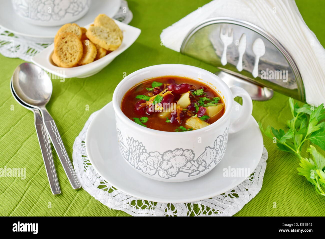 Fasting soup with tinned kidney beans. Healthy eating concept Stock Photo