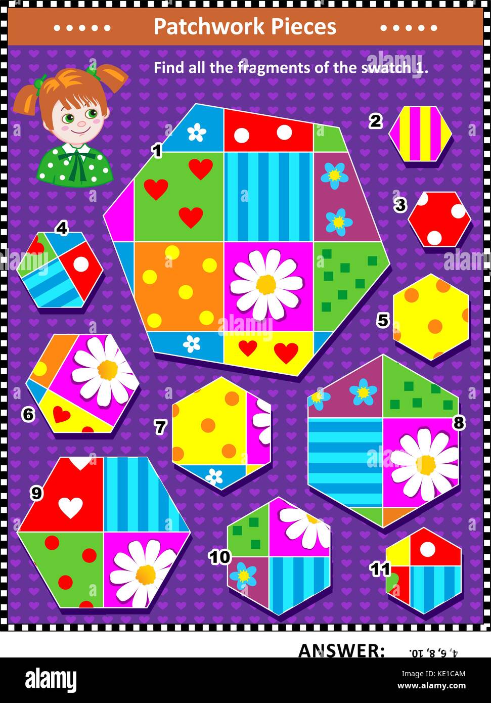 Quilting or patchwork themed IQ training visual puzzle (suitable both for kids and adults): Find all the fragments of the picture 1. Answer included. Stock Vector