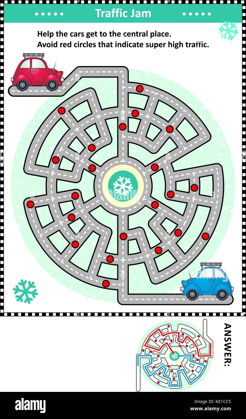 Winter traffic jam road maze game: Help the red car and the blue car get to the central place. Avoid red circles that indicate super high traffic. Stock Vector