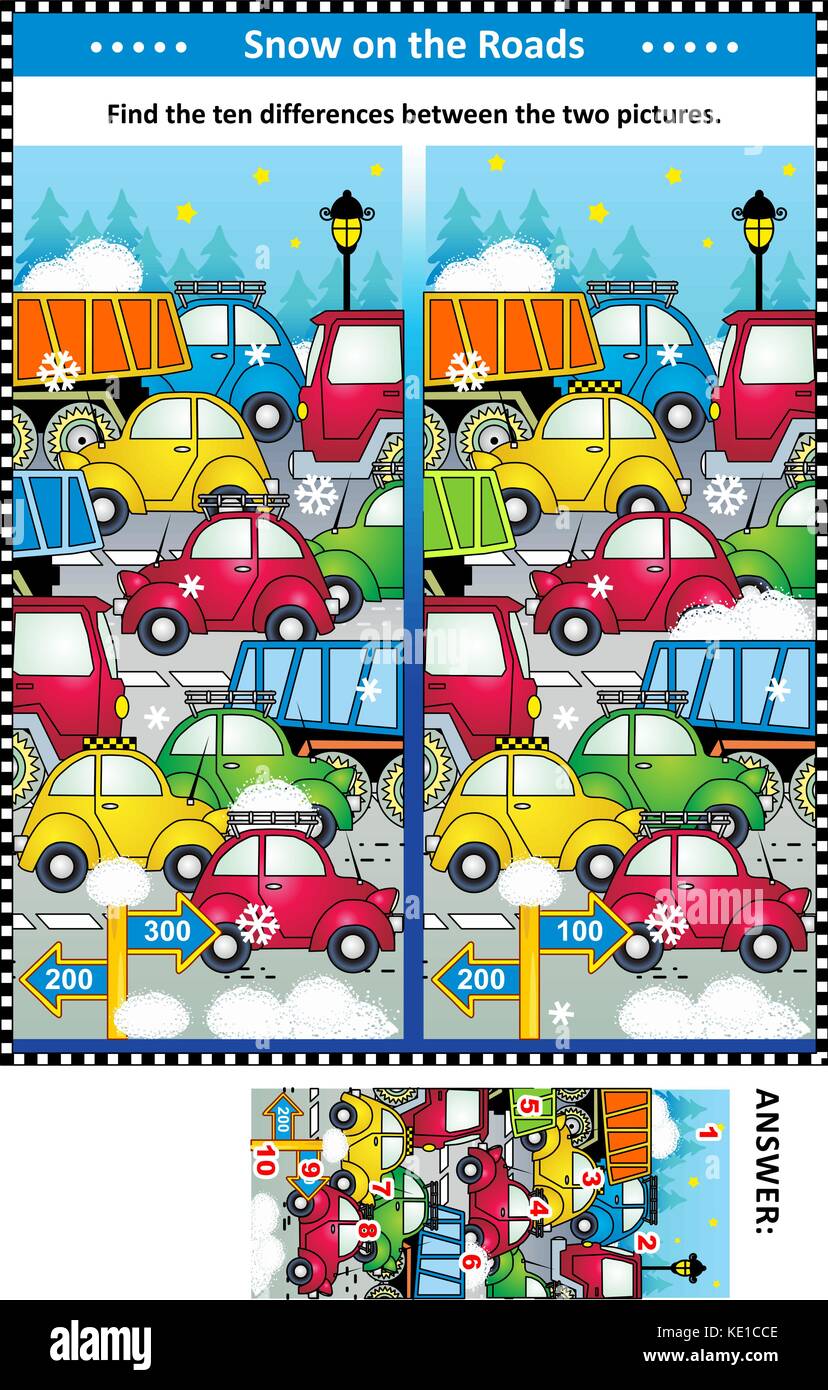 Winter traffic jam picture puzzle: Find the ten differences between the two pictures of cars and trucks on the road. Answer included. Stock Vector