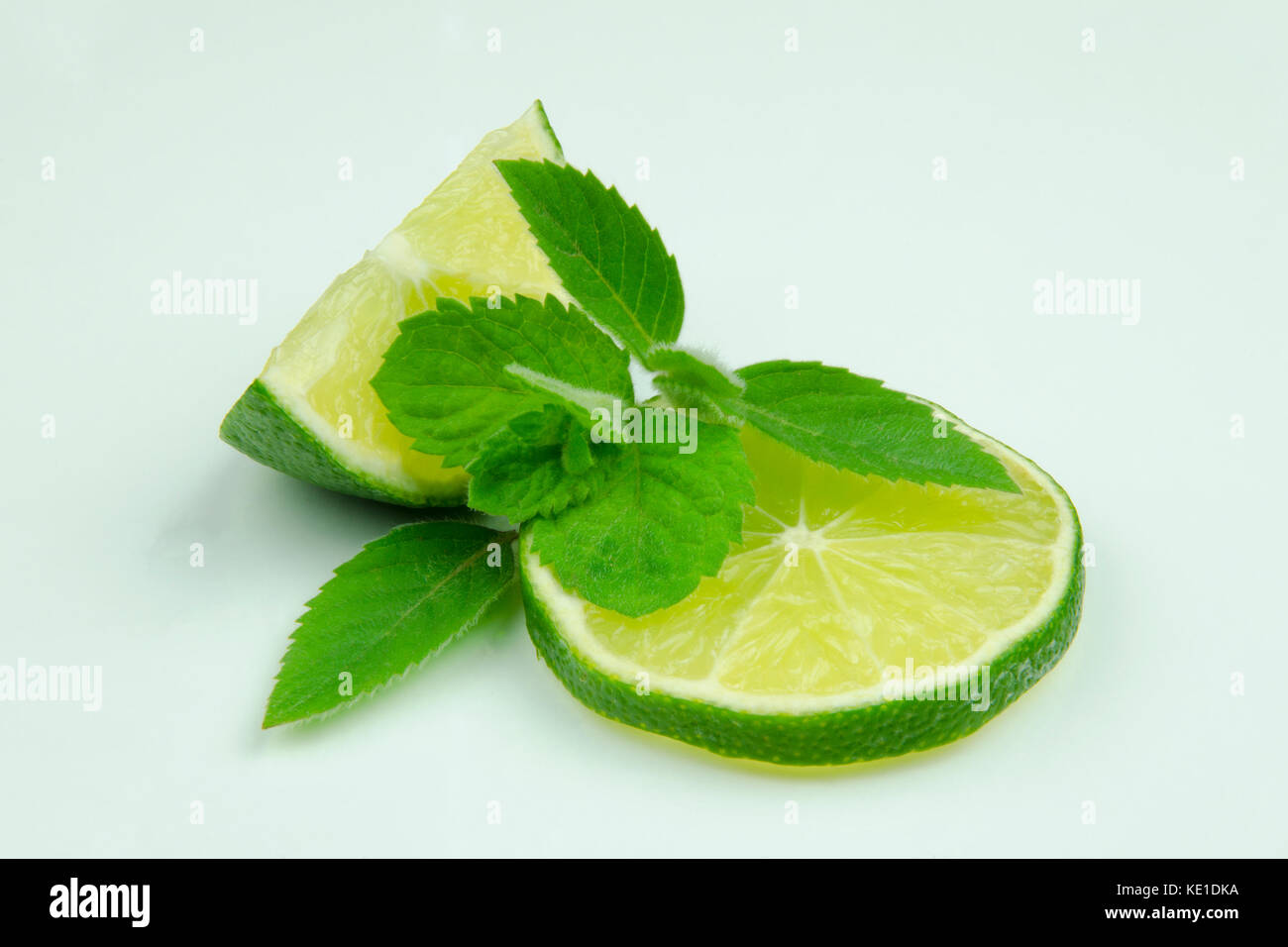 Closeup view of mint and lime isolated on a white background Stock