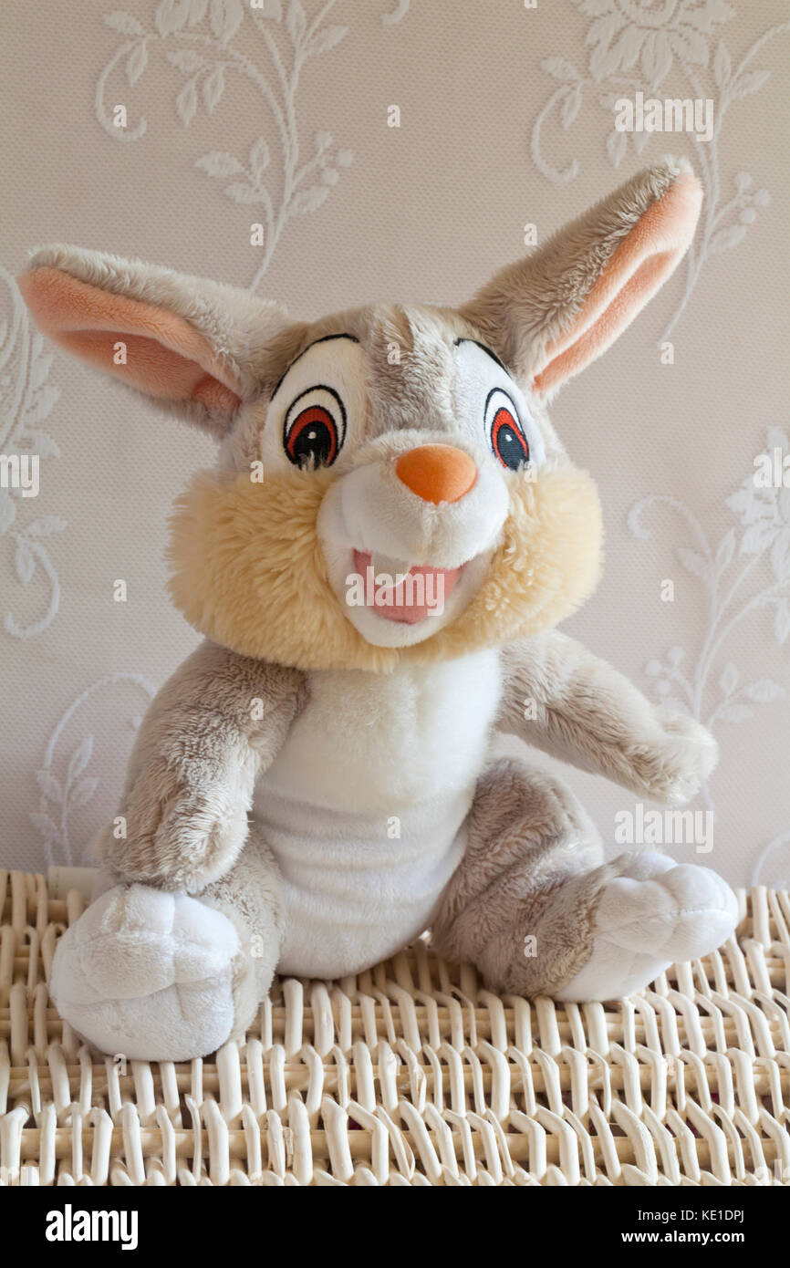 Disney Thumper rabbit soft cuddly toy sitting on wicker basket Stock Photo
