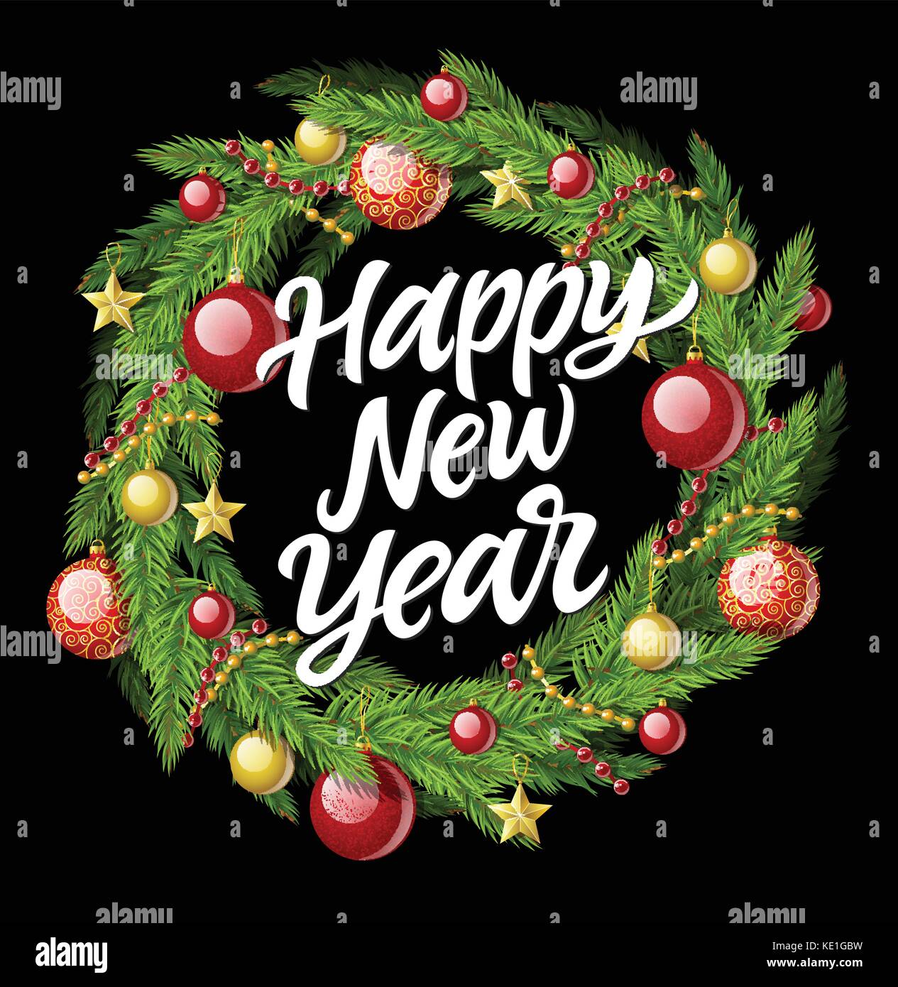 New Year wreath - modern vector realistic illustration with calligraphy ...