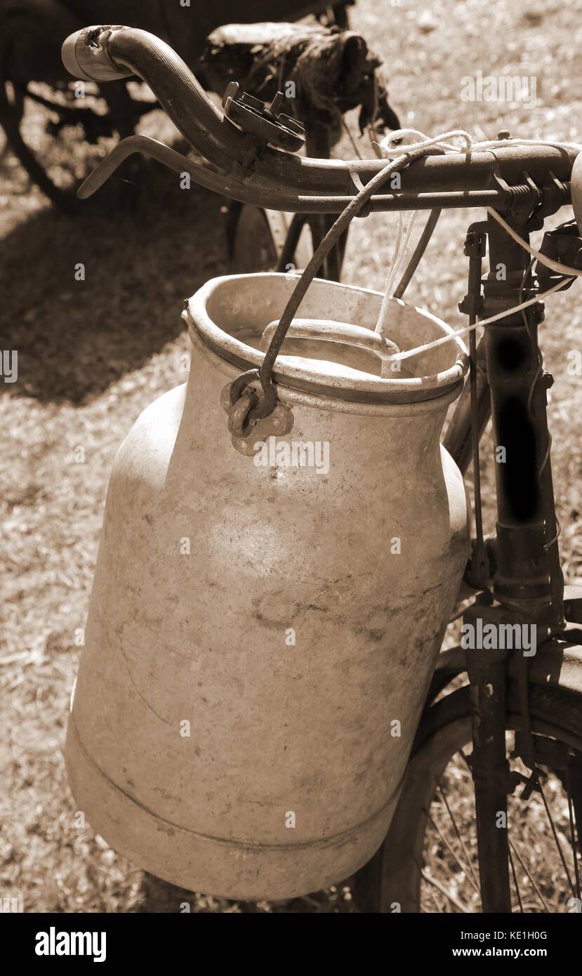 Ancient Milking Bicycle With Milk Can And Ancient Sepia Effect Stock Photo Alamy