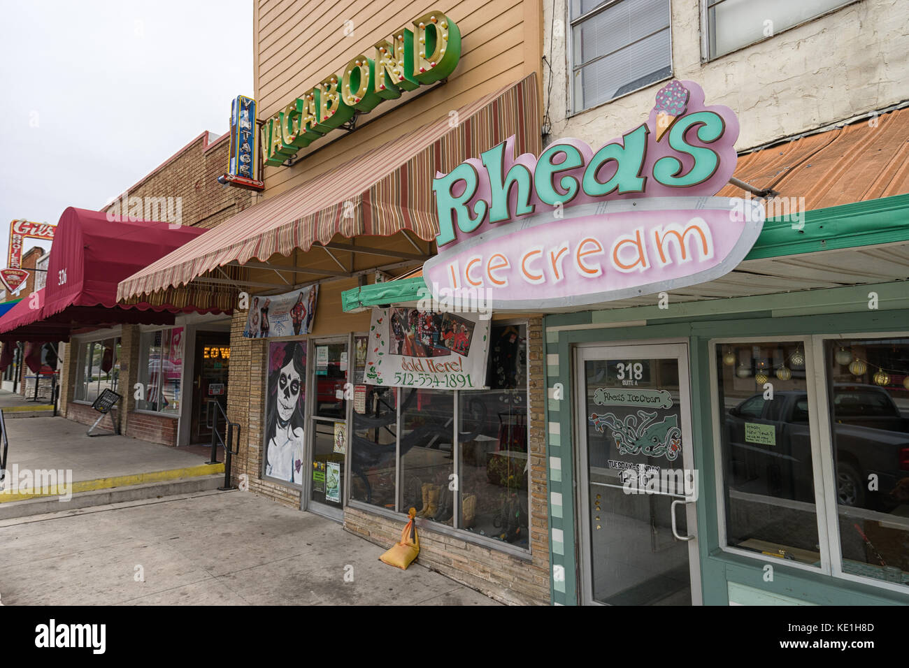 January 1, 2016 San Marcos, Texas, USA:  small shop store fronts in the historic center of the town Stock Photo
