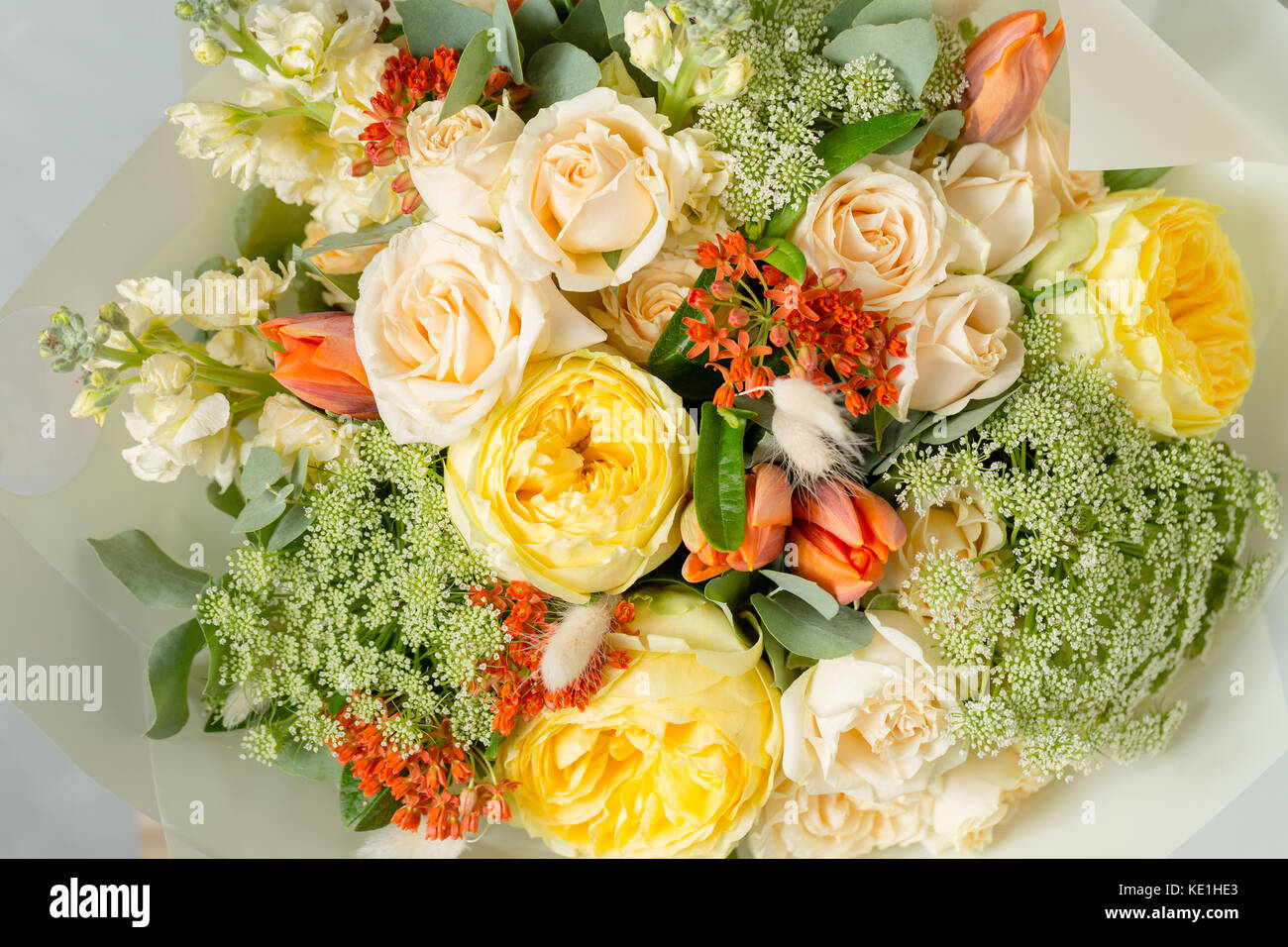 Flower Composition On A Gray Background Wedding And Festive Decor Bouquet From Spring Flowers Copy Space Stock Photo Alamy