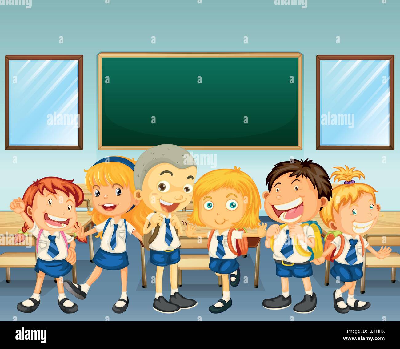 Students in uniform standing in classroom illustration Stock Vector Image &  Art - Alamy