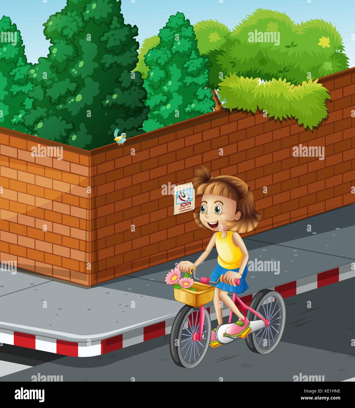 Little girl riding bike on the road illustration Stock Vector