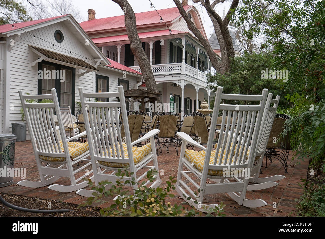 January 1, 2016 Gruene, Texas patio by victorian house with rocking
