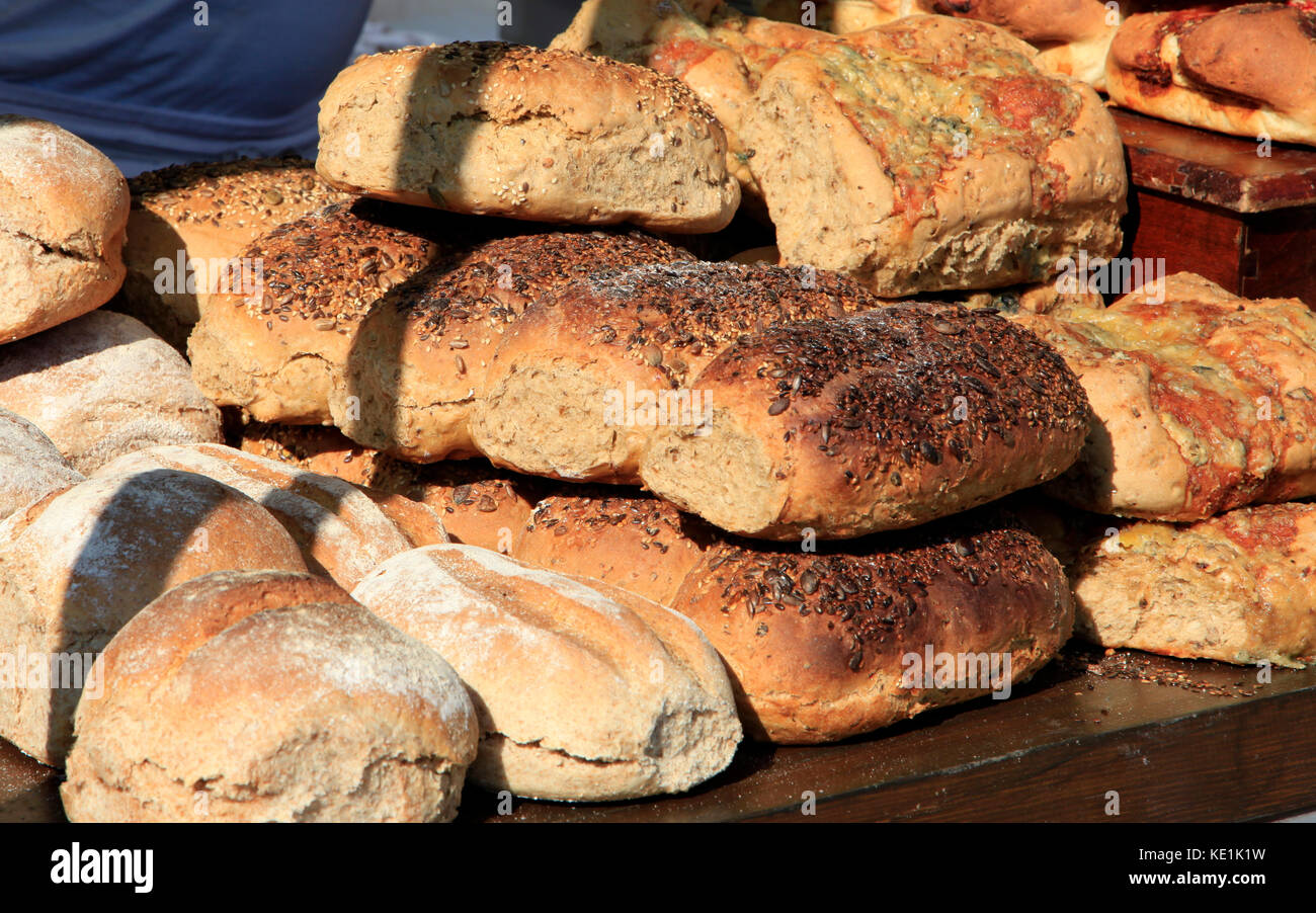 Loaves of bread at a market stall during a food festival in Salisbury, Wiltshire. Stock Photo